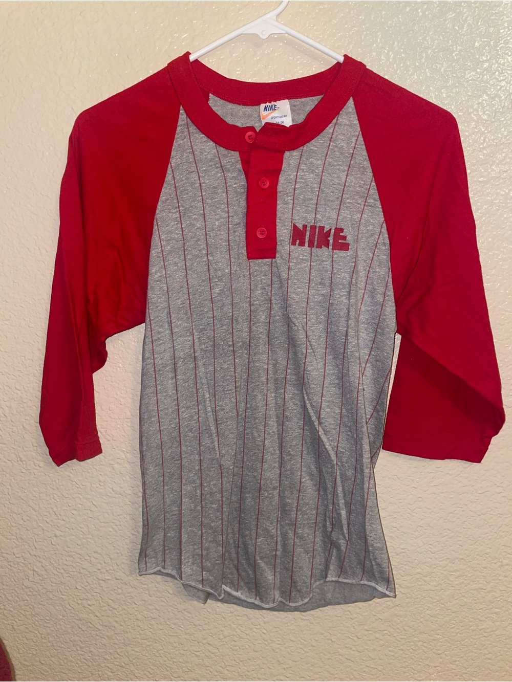 Vintage Nike Red & Gray Pinstripe Raglan Henley Tee